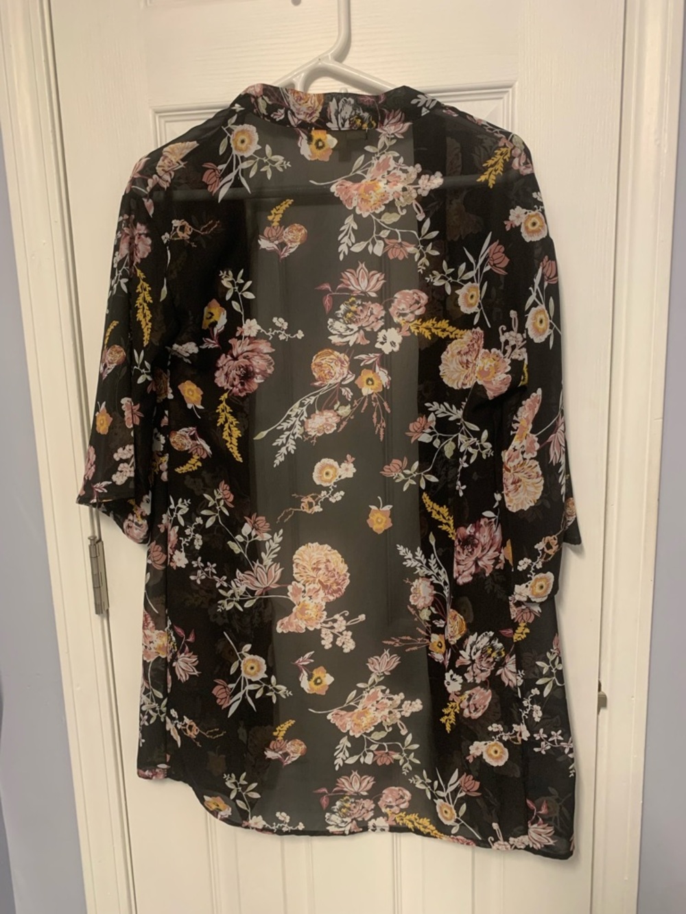 Wallflower Black Floral Sheer Duster with Pink and Yellow Blooms